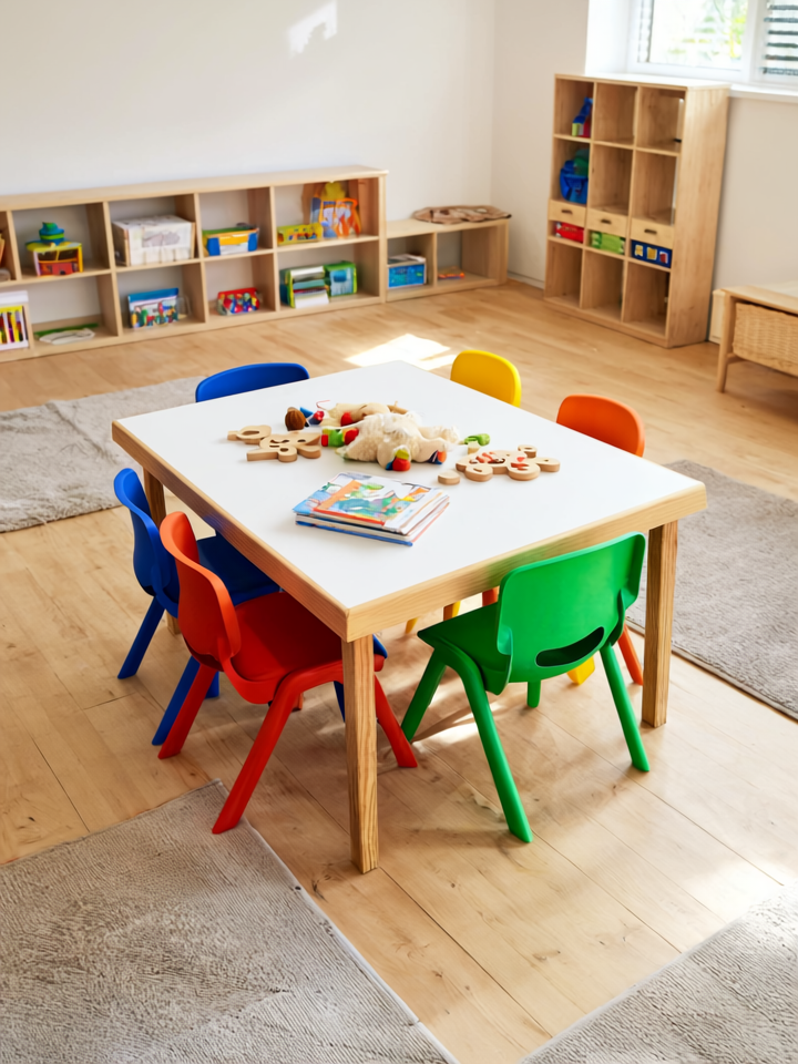 Conjunto Mesa Rectangular  Madera con 6 Sillas de plástico de colores.