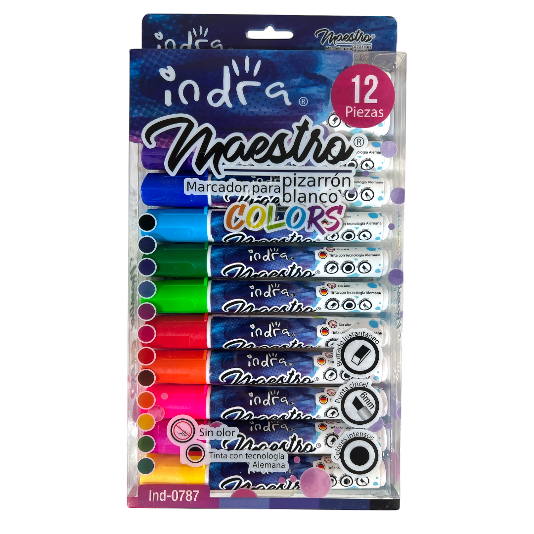 Marcadores para pizarrón blanco 12 colores - Maestro INDRA