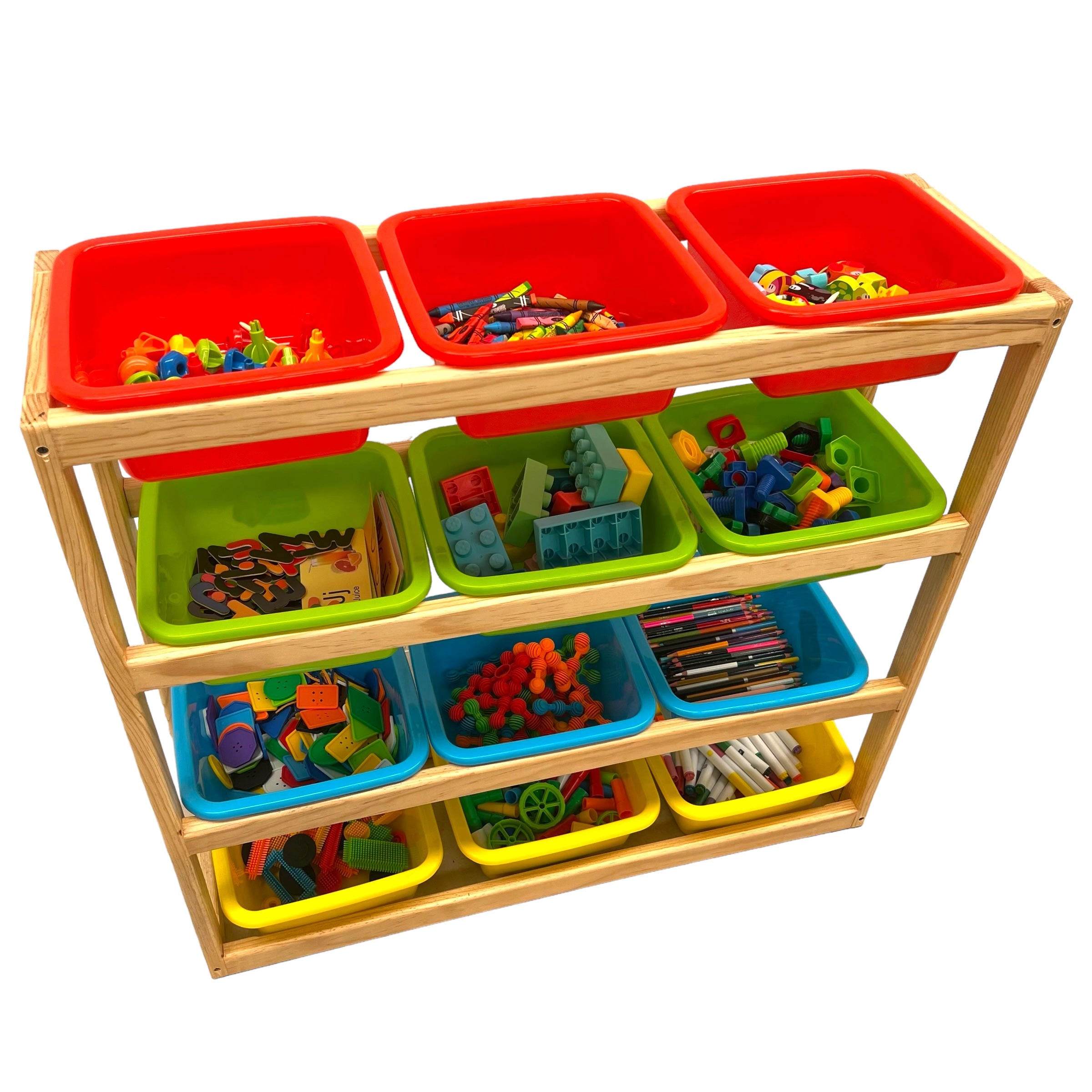 Juguetero de madera con charolas