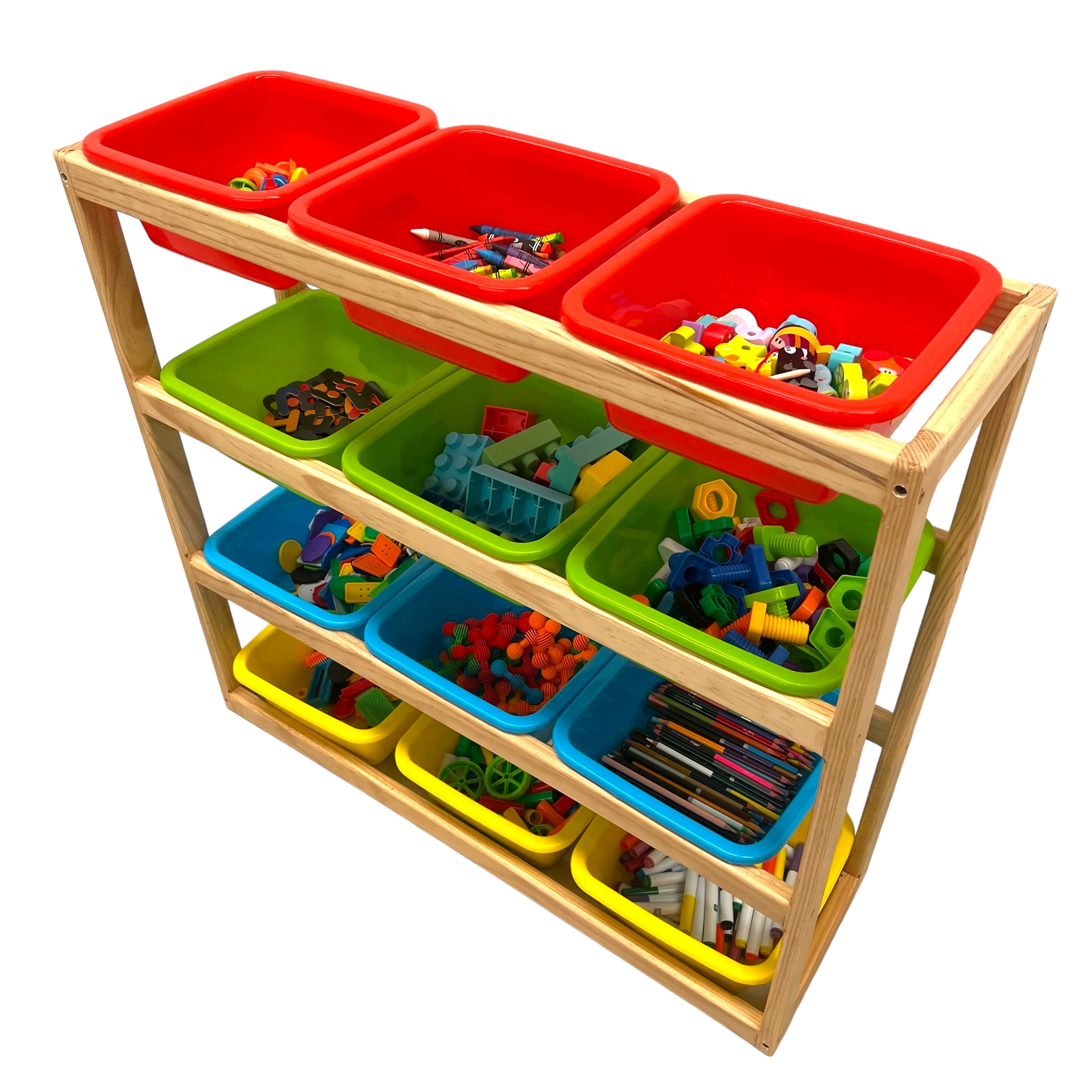 Juguetero de madera con charolas